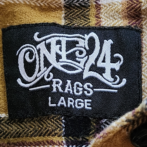 One 24 Rags Mustard Yellow Plaid Flannel Shirt L Raw Hem Distressed Cotton - Picture 5 of 7